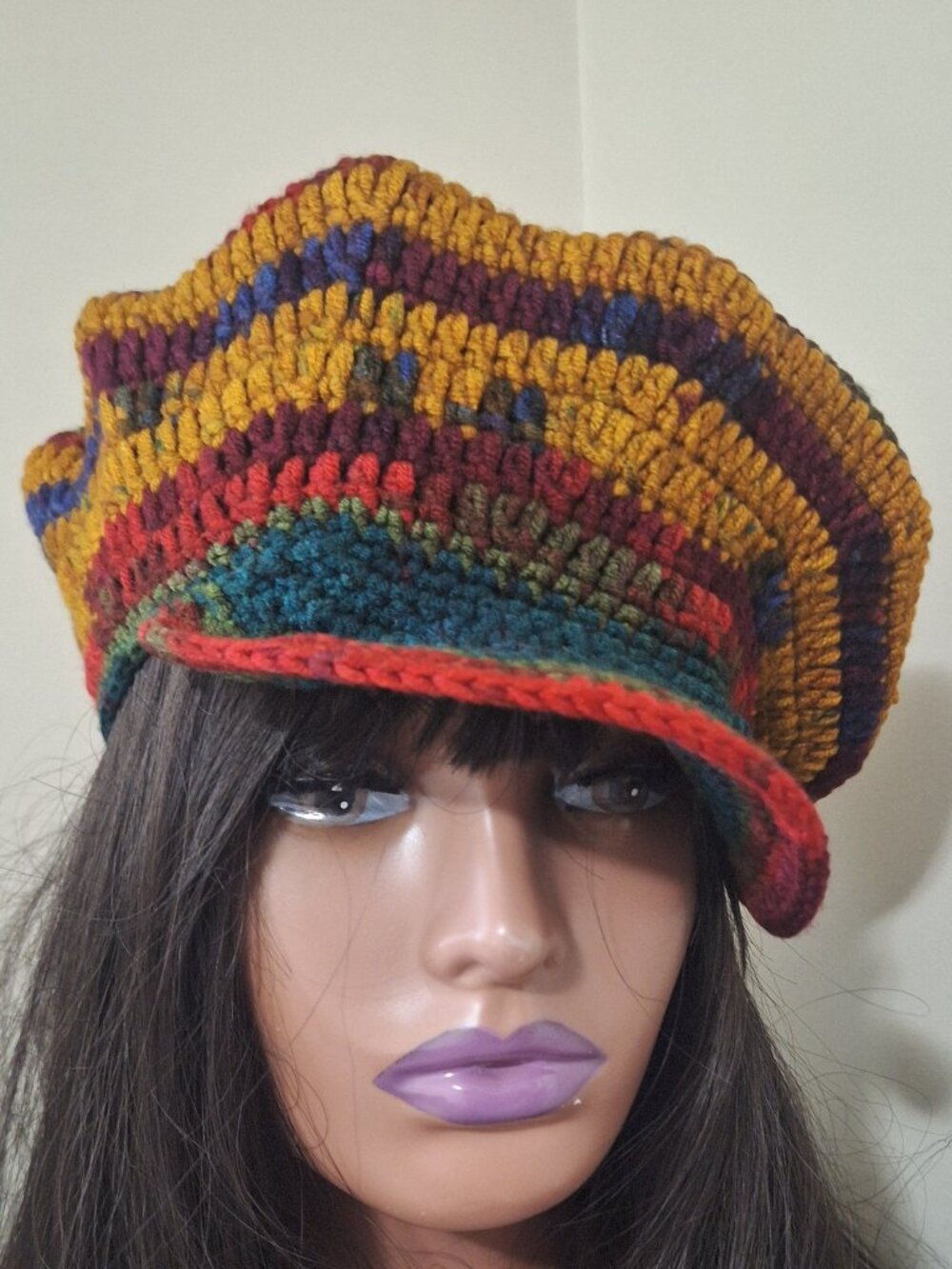 Handmade Crochet Multicolor Newsboy Visor Cap Boho Slouchy Hat Size S